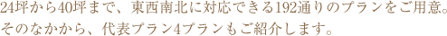 24坪から40坪まで、東西南北に対応できる192通りのプランをご用意。その中から、代表プラン４プランをご紹介します。