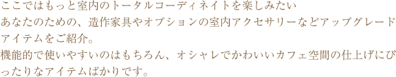 ここではもっと室内のトータルコーディネイトを楽しみたいあなたのための、造作家具やオプションの室内アクセサリーなどアップグレードアイテムをご紹介。機能的で使いやすいのはもちろん、オシャレでかわいいカフェ空間の仕上げにぴったりなアイテムばかりです。